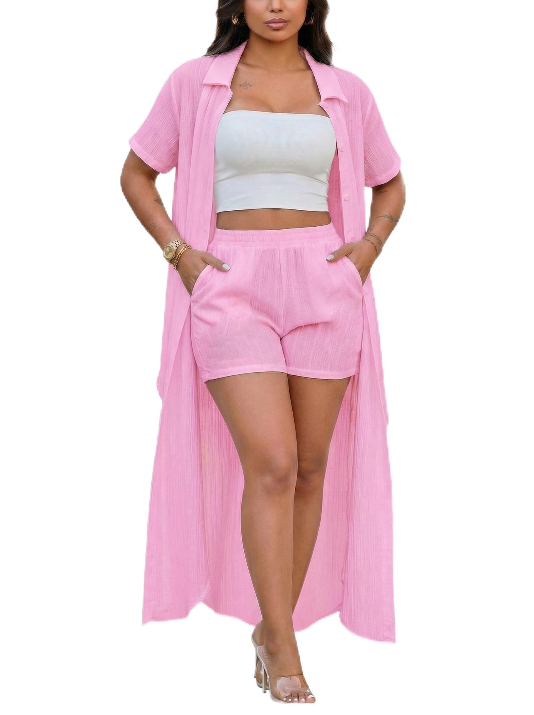 Womens Sets 2 Piece Outfits Short Sleeve V Neck Tie Front Blouse Shirt Top Dress and Shorts Summer Set